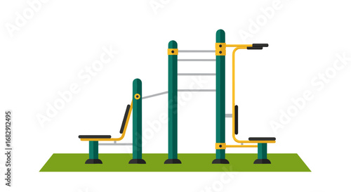 Outdoor fitness park equipment with benches and climbing bars on green