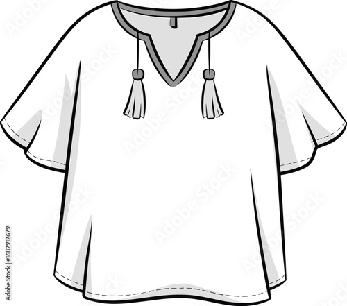 Women's blouse tunic fashion flat sketch, casual top vector design, CAD garment illustration, stylish loose fit clothing template, detailed apparel drawing