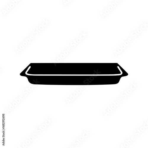 Black silhouette of an empty rectangular food container on a white background