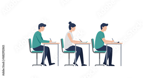 Flat style students studying in classroom seated at desks in a row