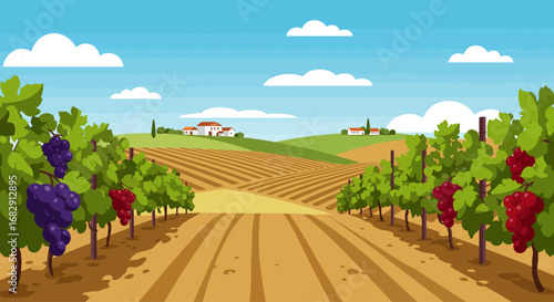 Vibrant cartoon illustration of a scenic vineyard with ripe grapes and a charming countryside backdrop