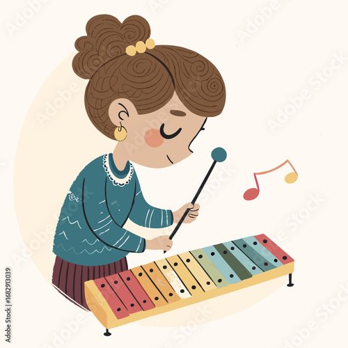 Charming Cartoon Girl Playing a Colorful Xylophone.