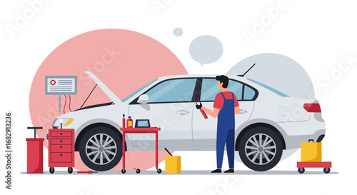 Car repair concept: mechanic working on vehicle in a garage setting with tools