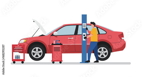 Flat design car repair scene with mechanic and equipment