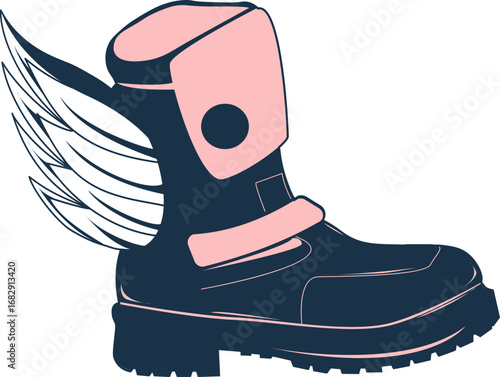 An illustrated dark blue boot with pink accents and white feathered wings attached to its side, symbolizing speed.