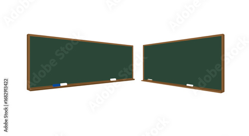 Dual chalkboards with wooden frames and chalk in classroom setting