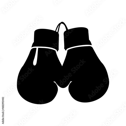 Two Black Boxing Gloves Hanging on White Background Symbolizing Boxing Sport