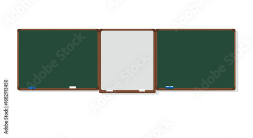 Classroom green and white boards with wooden frame and markers