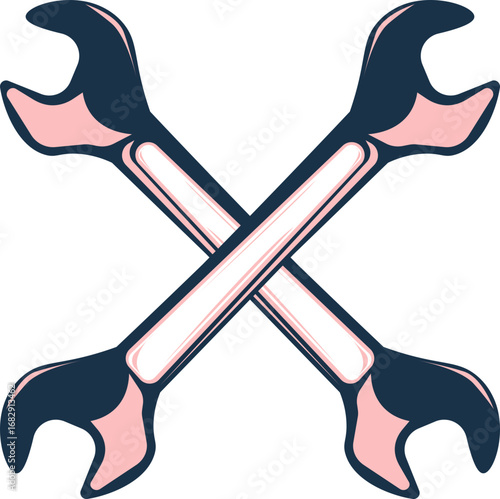 Two stylized wrenches with dark blue and pink details are crossed, forming an X shape on a white background, representing repair or service.