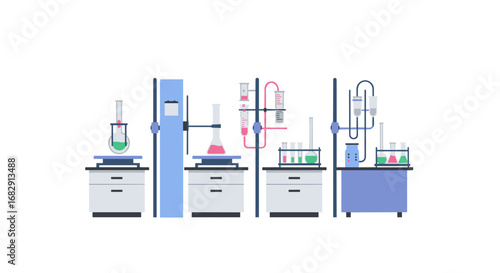 Laboratory equipment setup with flasks and beakers in flat color style