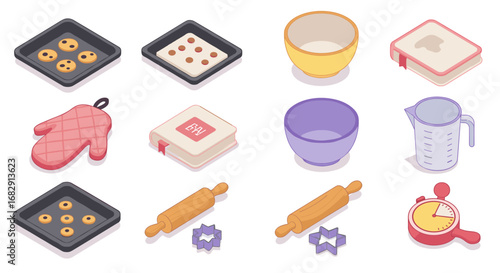 Isometric baking tools and ingredients set for kitchen enthusiasts