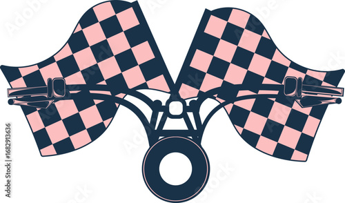Graphic illustration of two pink and dark blue checkered racing flags mounted on vehicle handlebars, symbolizing speed and victory.