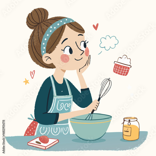 Charming illustration of a home baker lost in thought.