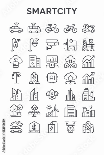 A comprehensive set of thin line icons illustrating smart city concepts, urban innovation, and sustainable technology infrastructure