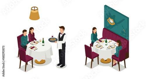 Elegant isometric dining experience in a modern restaurant setting