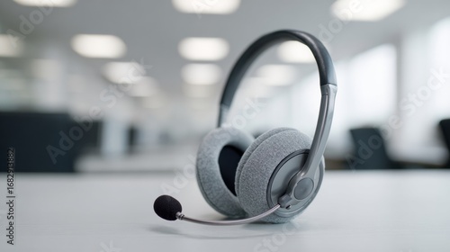 Sleek headset on corporate battlefield, digital zen during International Customer Service Week, communication harmony, tech oasis in chaos