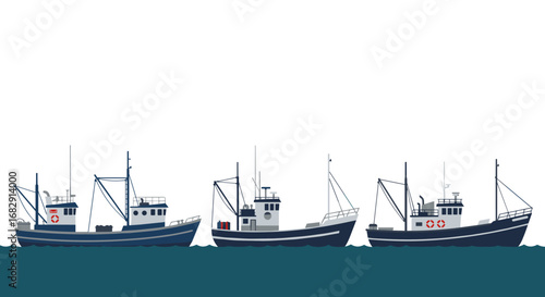 Collection of fishing boats on calm ocean in nautical style