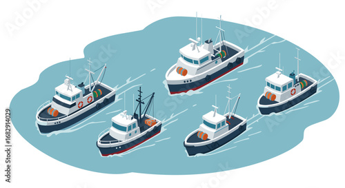 Fleet of fishing boats navigating ocean waters in isometric view with nautical equipment highlight