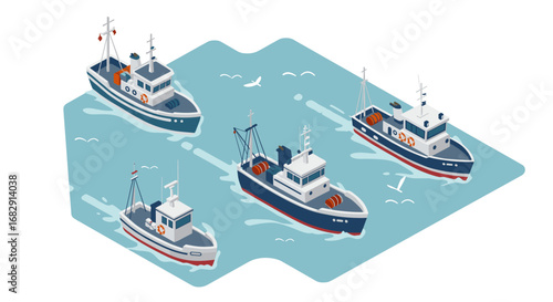 Isometric fishing boats on ocean with seagulls and buoys in 3d style