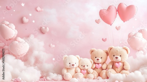 Wallpaper Mural Teddy bears with heart balloons on a pink, cloudy background Torontodigital.ca