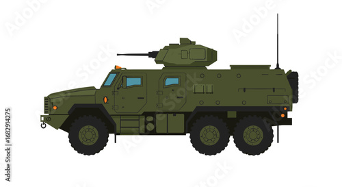 Armored military vehicle side view with turret and antenna in flat design