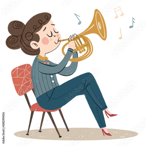Charming illustration of a woman playing the French horn.