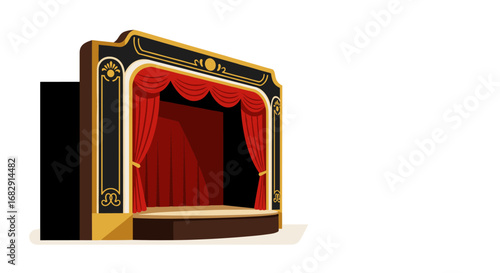 Elegant theater stage with red curtains and ornate golden trim in classic flat design