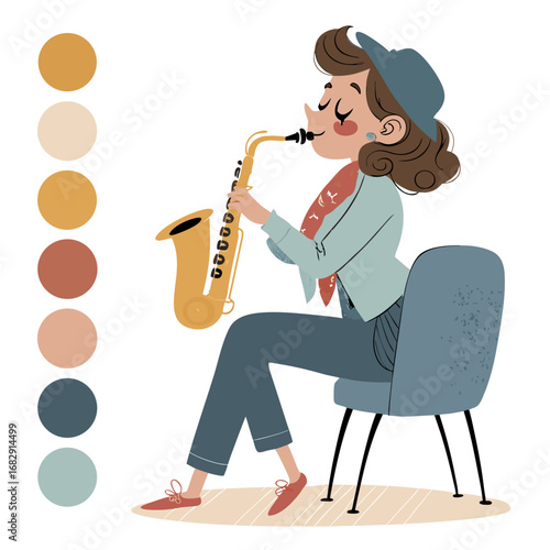 Charming illustration of a woman playing the saxophone.
