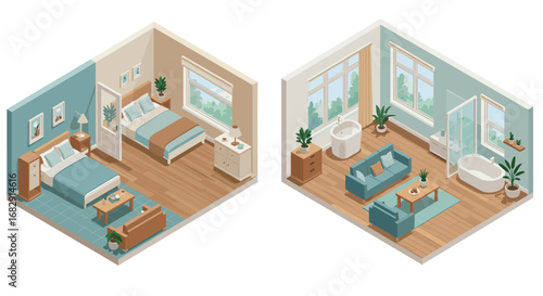 Cozy isometric bedroom and living room interior design with modern furnishings