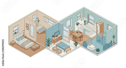 Modern isometric home interior featuring bedroom and bathroom layout