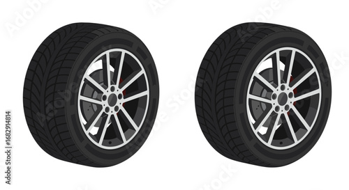 Car tires with alloy rims on white background in detailed flat design