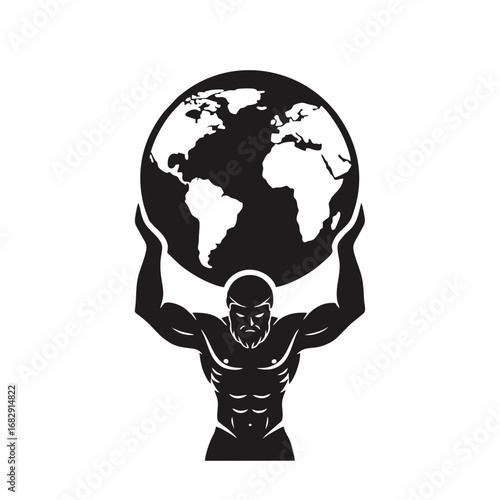Strong Muscular Man Holding Up World Globe - Black and White Atlas Symbol Vector