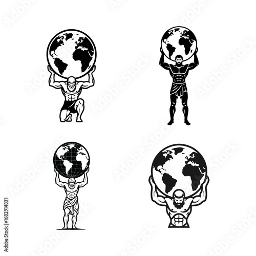Mythological Atlas Titan Holding Earth Globe Set - Strong Man Carrying the World Silhouette Illustration