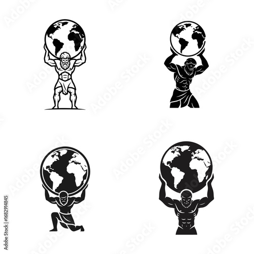 Set of Atlas God Holding World Globe Vector Illustrations in Various Strong Poses