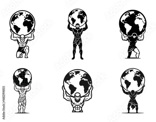 Atlas Carrying Globe Illustration Set - Strong Man Holding Earth Symbol Vector