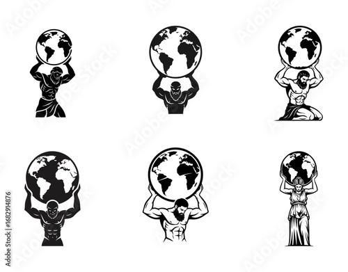 Atlas God Holding Earth Globe Vector Illustration Set - Mythological Figure Carrying the World Symbol