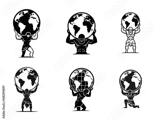Atlas Carrying the Earth Vector Logo Set. Strong Men Holding Globe Icon Collection Depicting Global Responsibility and Strength.