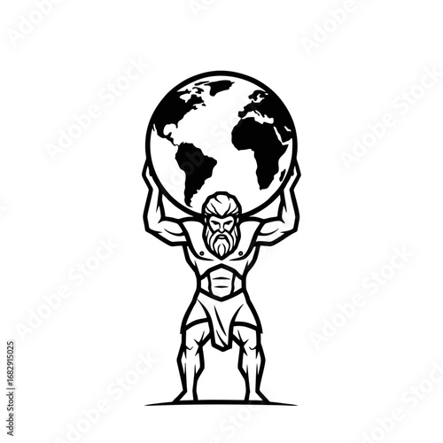 Mythical Atlas, a strong bearded man, carrying the world globe on his shoulders, symbolizing strength, burden, and global responsibility in a black and white vector mascot.