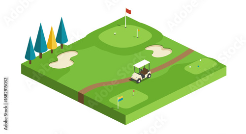Isometric golf course with cart and trees on green landscape