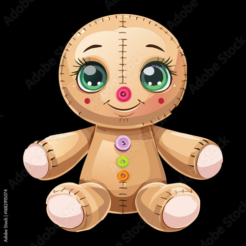 Spooky Rag Doll with Buttons and Patches Halloween Voodoo Doll Concept Vector Illustration
