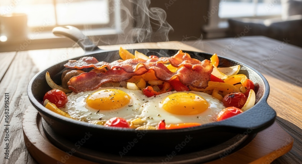 Delicious breakfast skillet with fried eggs bacon and vegetables for a healthy start Delicious breakfast skillet with fried eggs bacon and vegetables for a healthy start