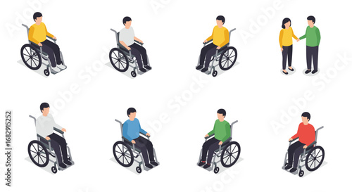 Isometric people in wheelchairs and assistance interaction