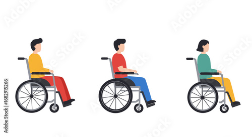 Diverse people in wheelchairs side view in minimalist flat style