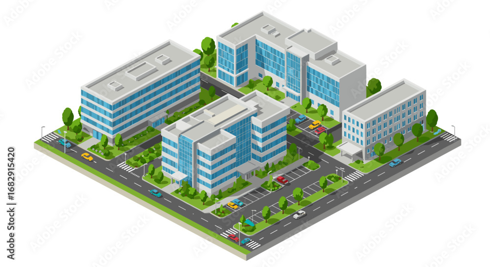 Modern isometric urban office complex with green spaces and parking Modern isometric urban office complex with green spaces and parking