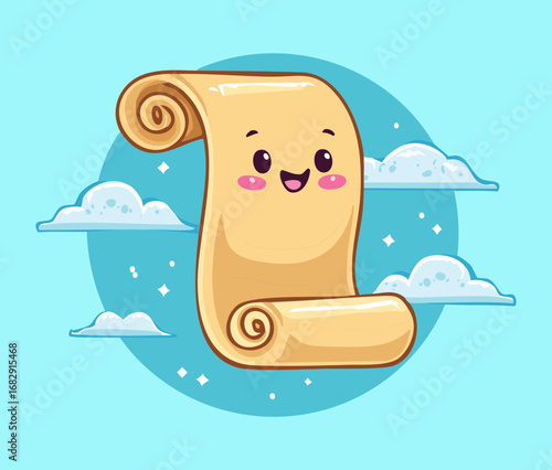 Magical Scroll with a Cute Face and a Sparkle for Halloween Magic Spells Vector Flat Illustration