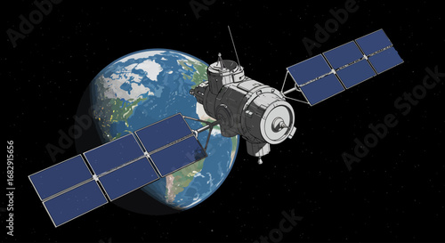 Telecommunication satellite with solar panels orbiting planet Earth