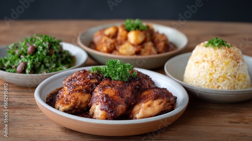 Fototapeta Naklejka Na Ścianę i Meble -  Fiery spiced chicken and vibrant greens dance together, summoning summer solstice feasts and ancient harvest celebrations