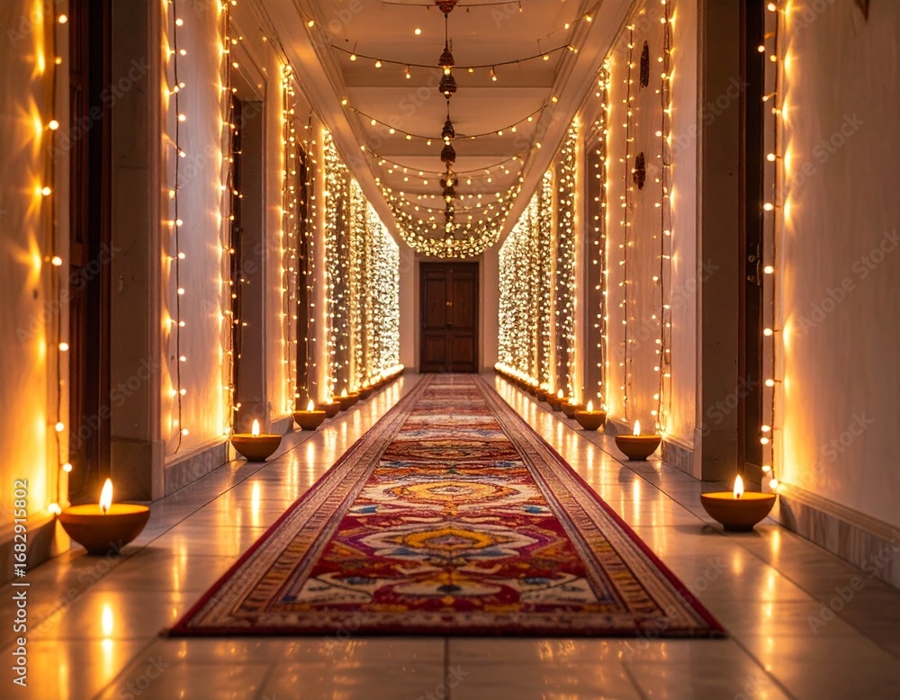 Obraz premium Aesthetic ultra realistic corridor decorated with rangoli on floor, fairy lights on