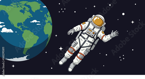 Illustrated astronaut in a spacesuit floating in outer space with Earth in the background