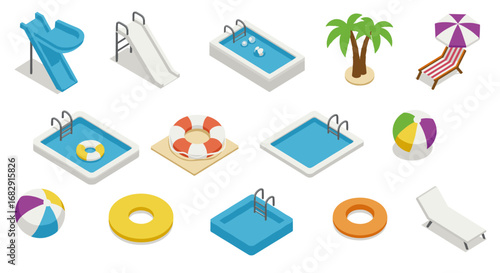 Isometric summer pool elements collection with slides, beach balls, and palm trees
